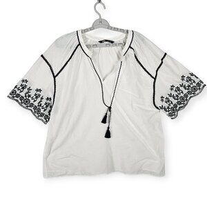Zara White Embroidered Boho Tassel Blouse Women's Size Small